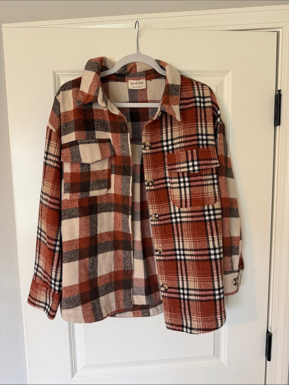 Plaid Teddy Jacket in Rust & Cream
